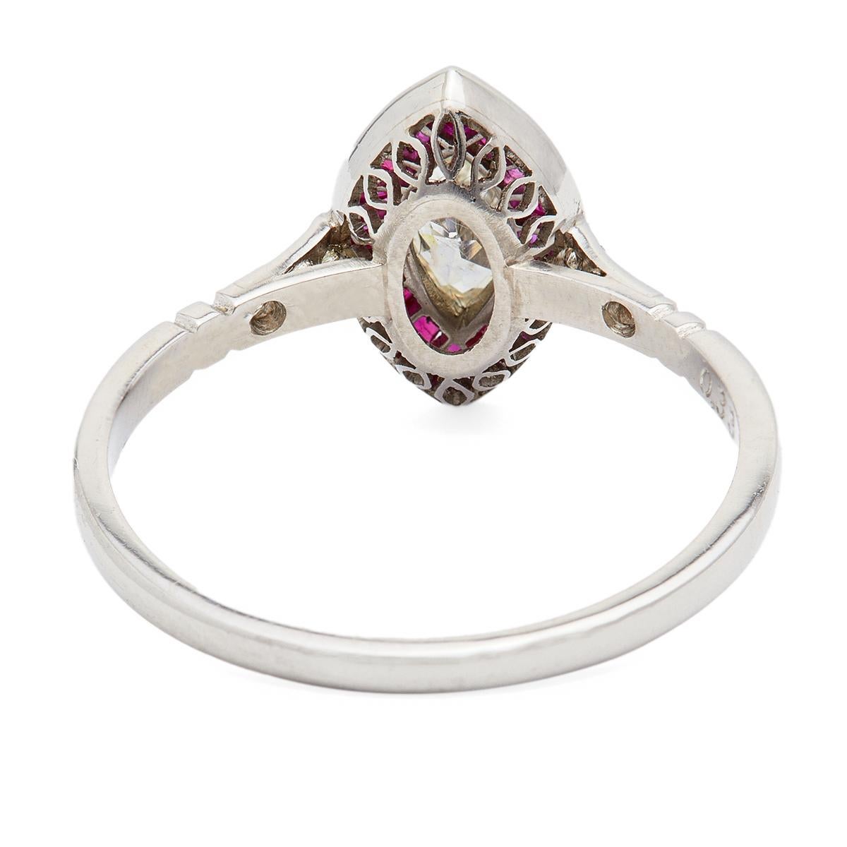 Art Deco Inspired 0.33 Carat Marquise Cut Diamond Ruby Platinum Ring For Sale 2