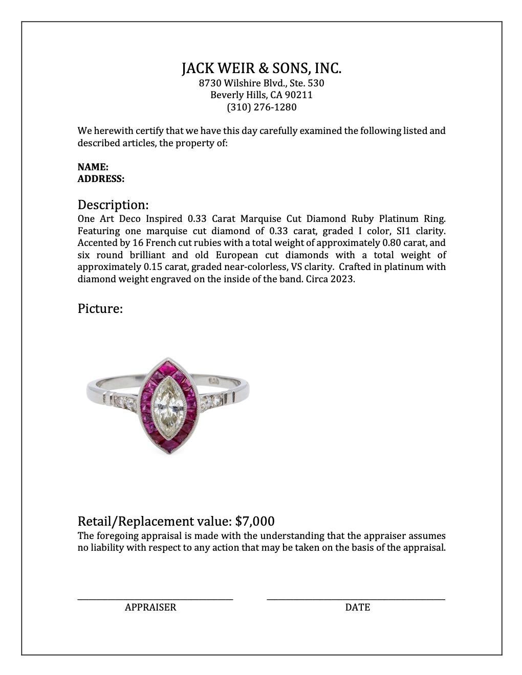 Art Deco Inspired 0.33 Carat Marquise Cut Diamond Ruby Platinum Ring For Sale 3
