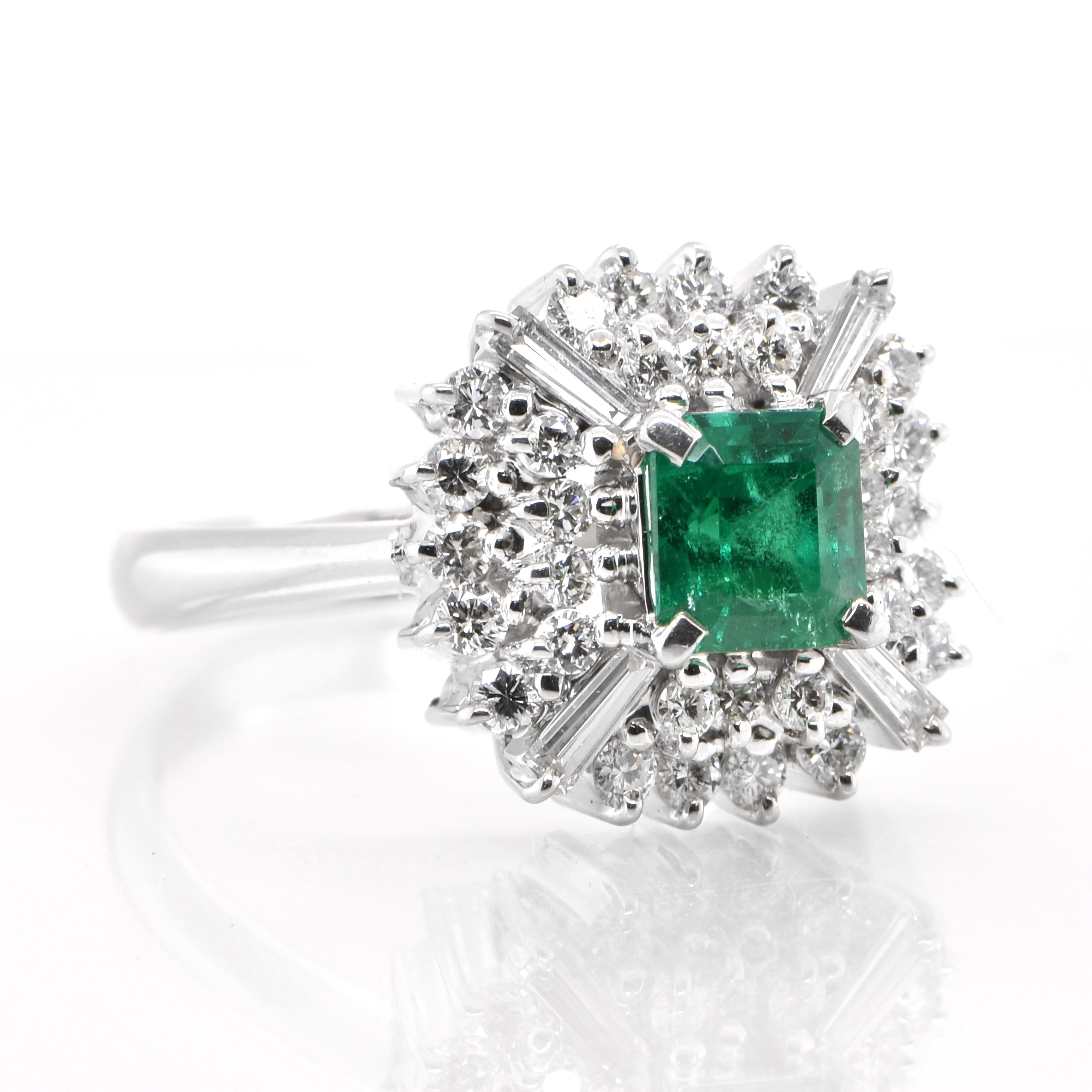Emerald Cut Art Deco Inspired 0.41 Carat Natural Emerald and Diamond Ring Set in Platinum