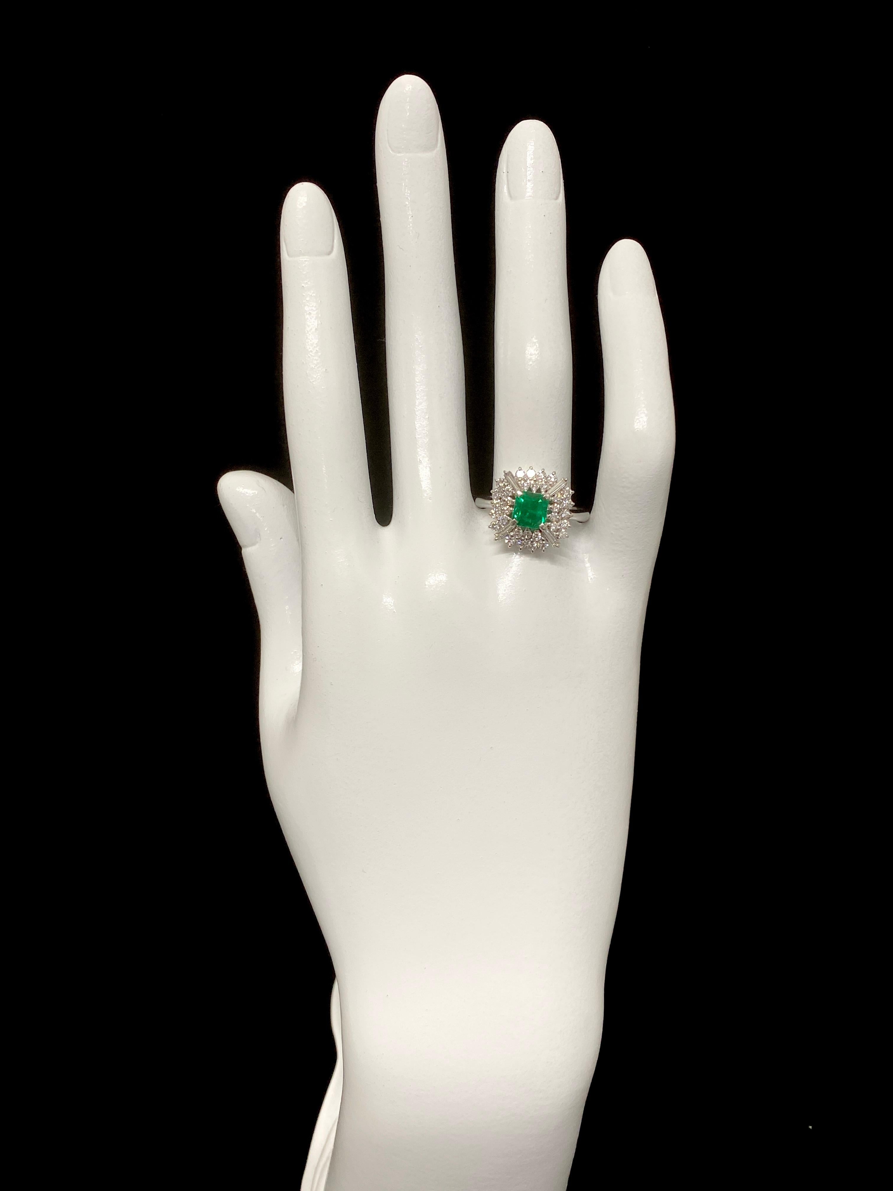 Art Deco Inspired 0.41 Carat Natural Emerald and Diamond Ring Set in Platinum 1