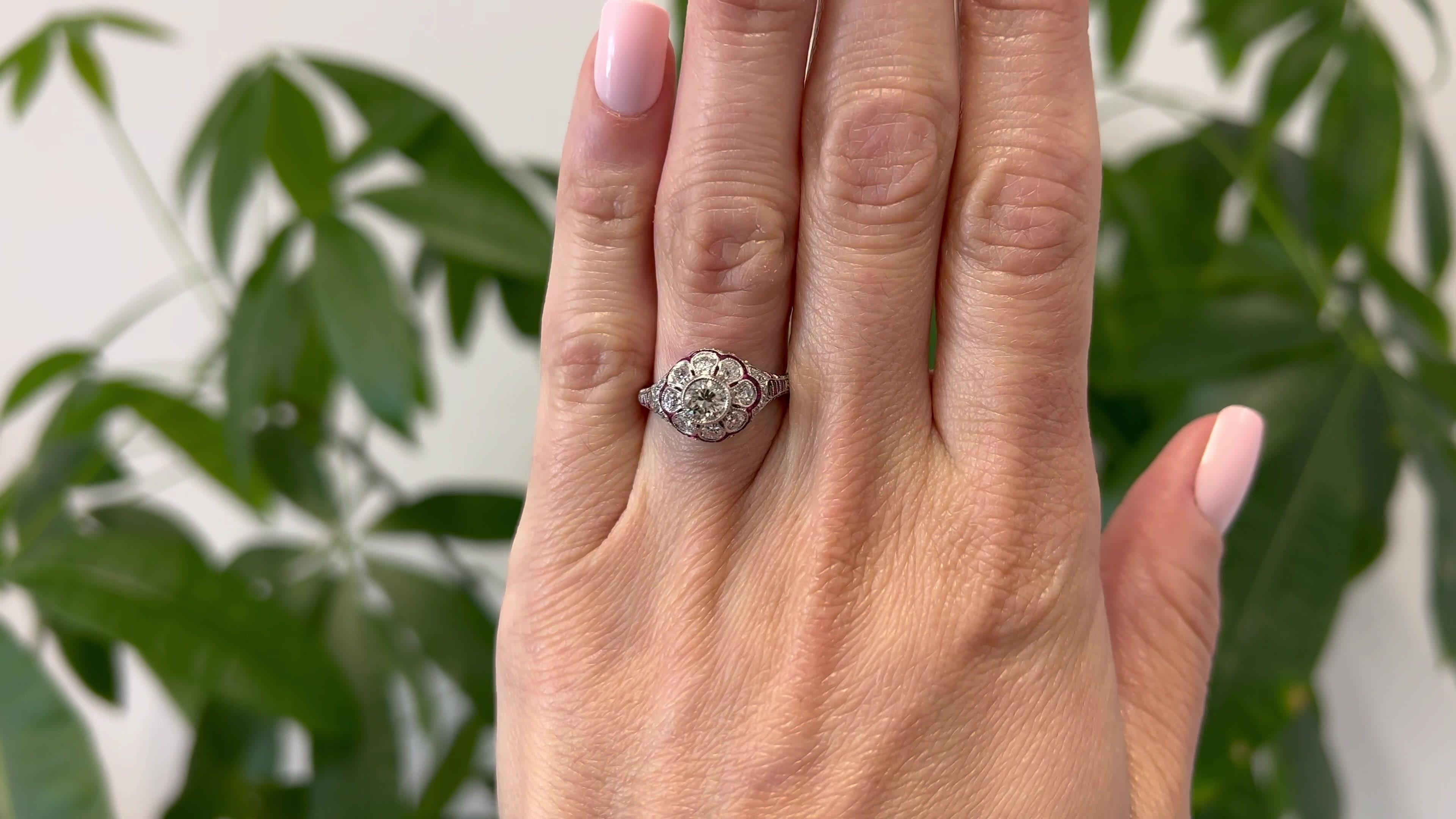 Brilliant Cut Art Deco Inspired 0.53 Diamond and Ruby Platinum Filigree Ring For Sale
