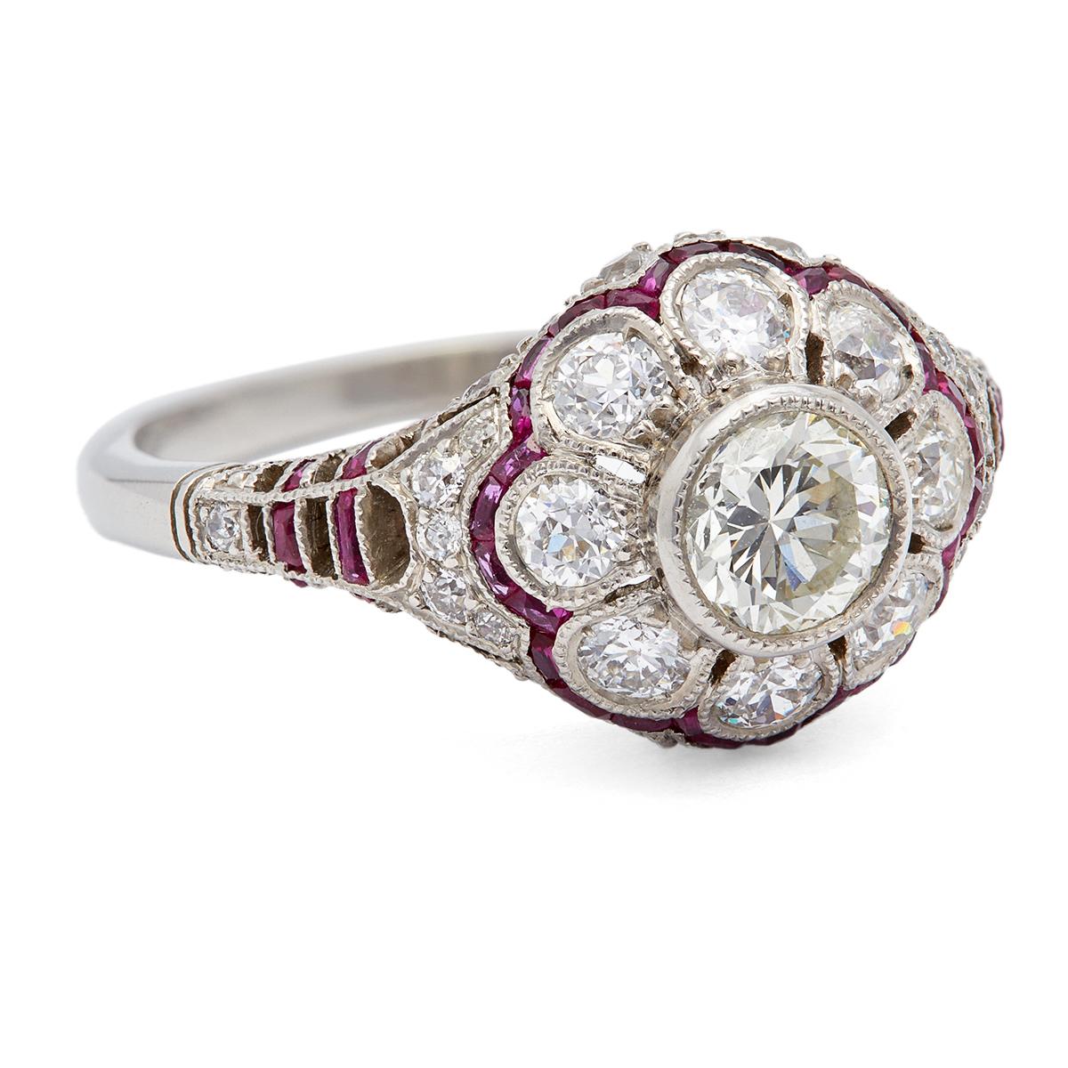 Women's or Men's Art Deco Inspired 0.53 Diamond and Ruby Platinum Filigree Ring For Sale