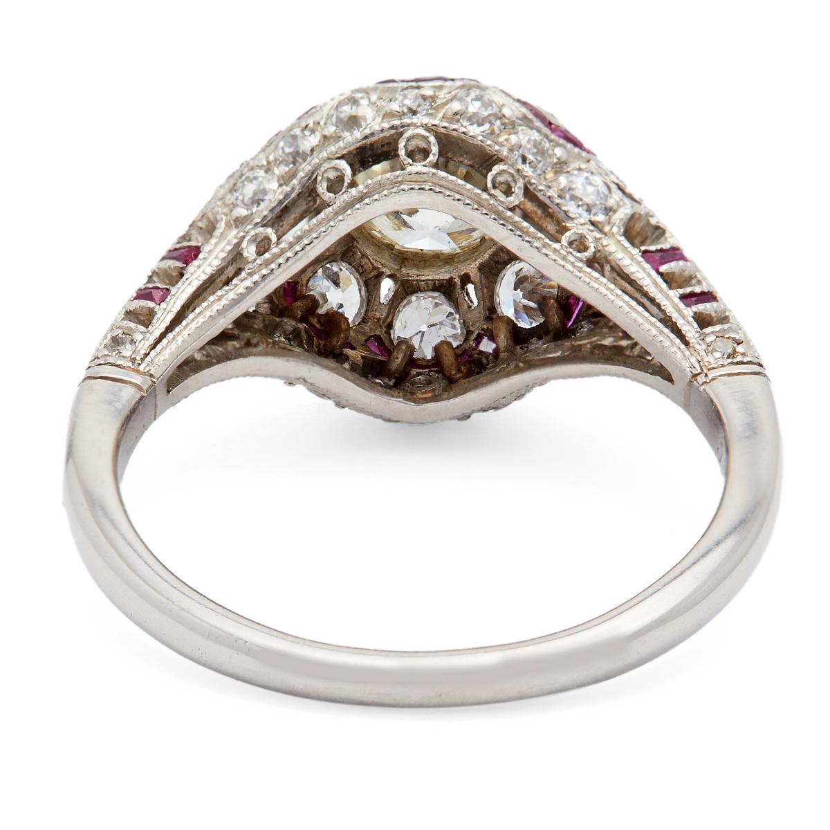 Art Deco Inspired 0.53 Diamond and Ruby Platinum Filigree Ring For Sale 1