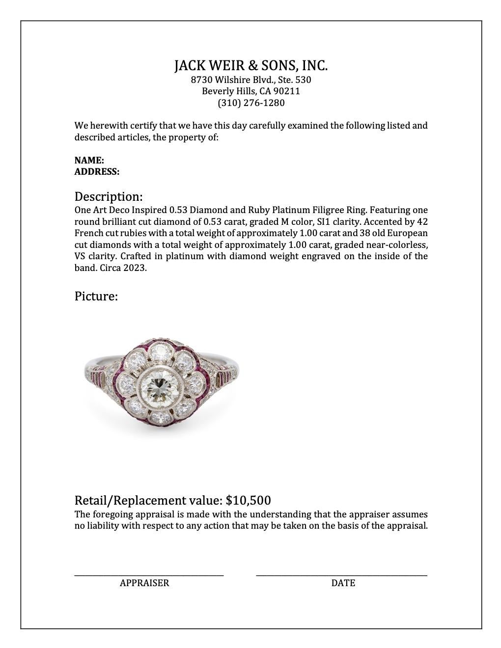 Art Deco Inspired 0.53 Diamond and Ruby Platinum Filigree Ring For Sale 2