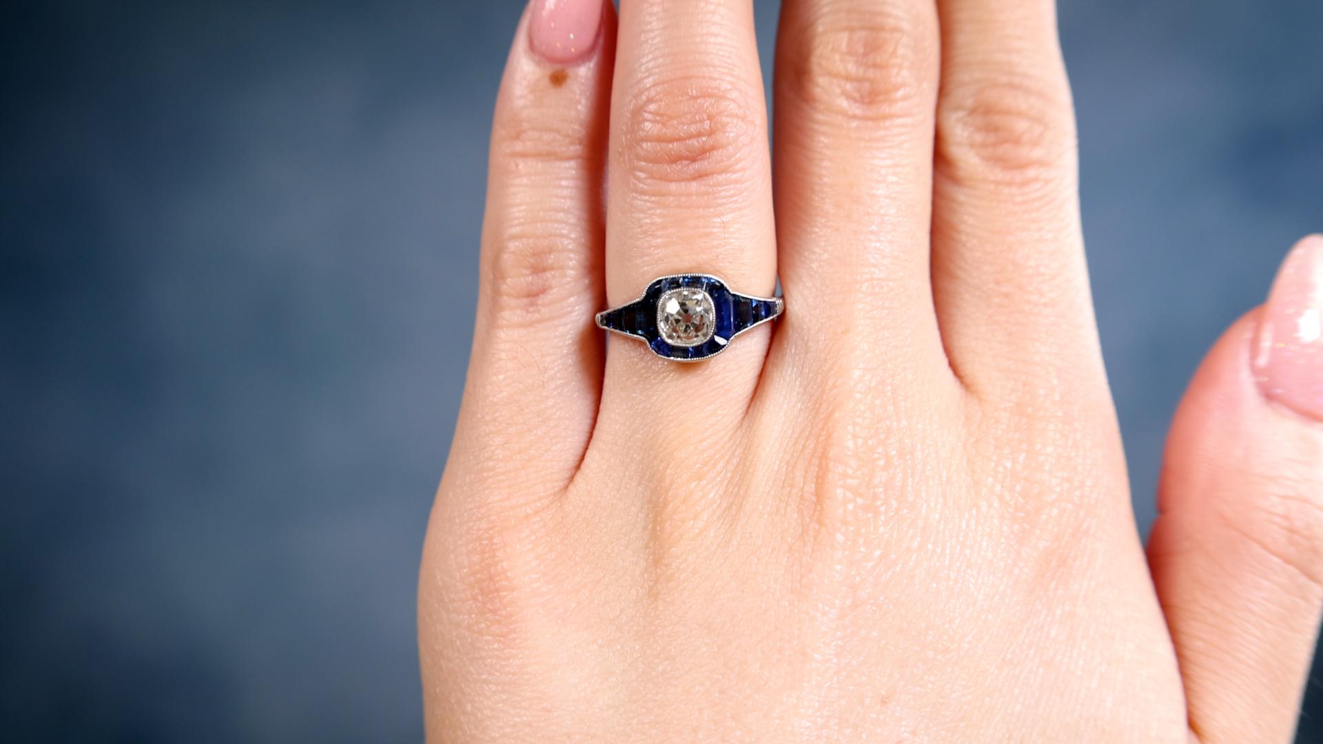 Old Mine Cut Art Deco Inspired 0.72 Carat Diamond Sapphire Platinum Ring For Sale