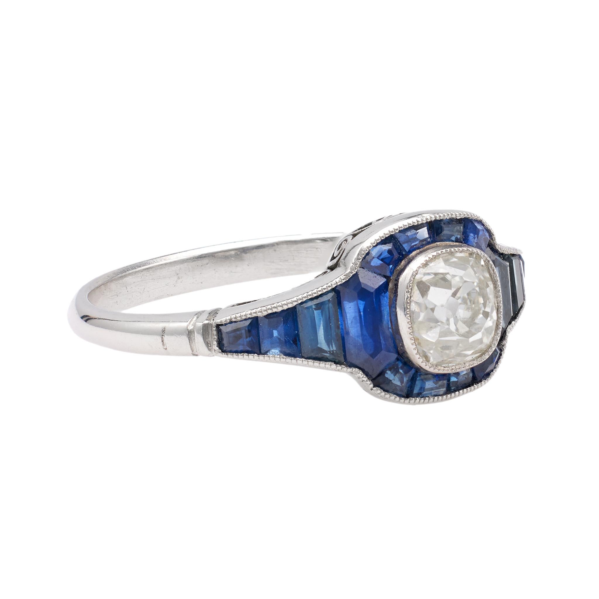 Women's or Men's Art Deco Inspired 0.72 Carat Diamond Sapphire Platinum Ring For Sale
