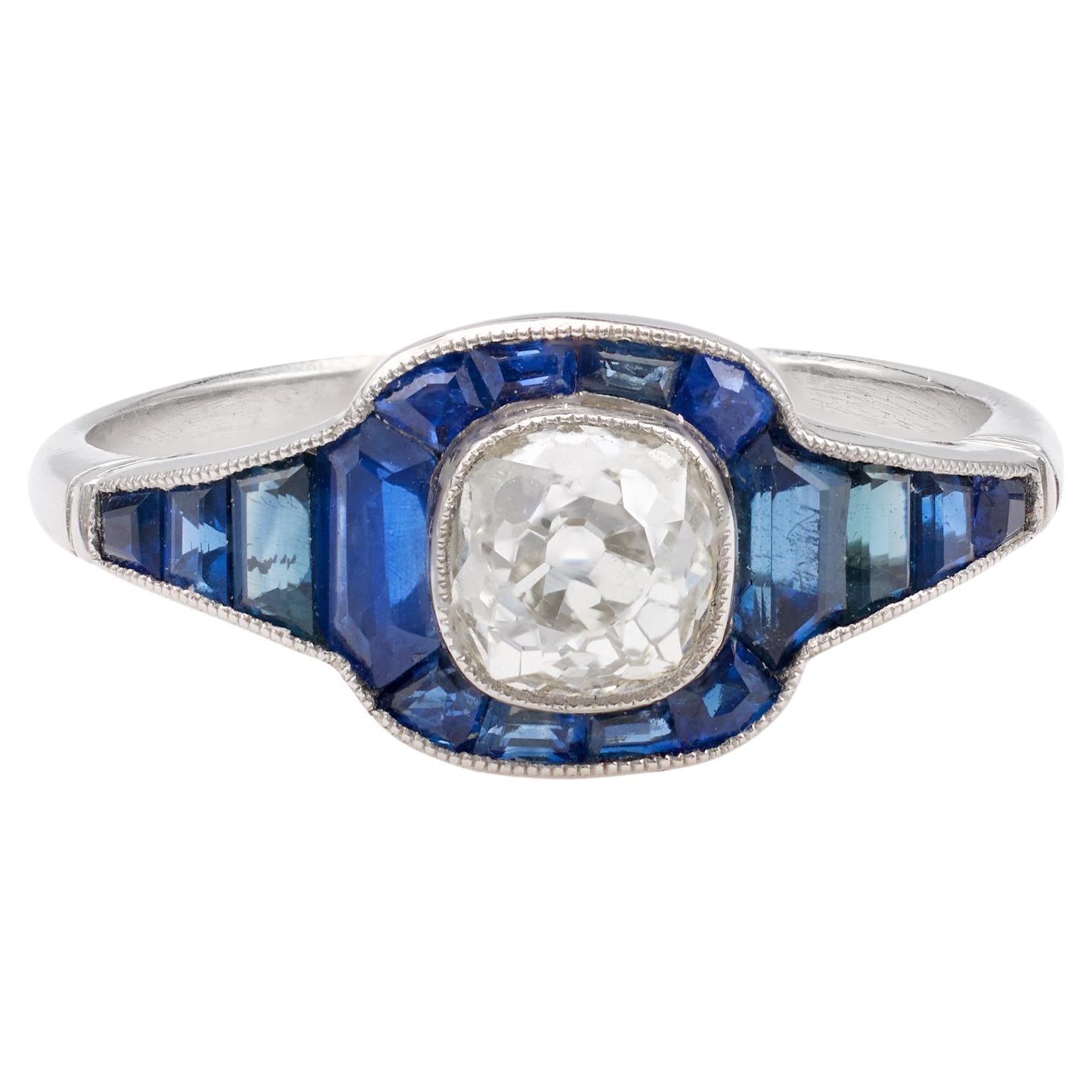 Art Deco Inspired 0.72 Carat Diamond Sapphire Platinum Ring For Sale