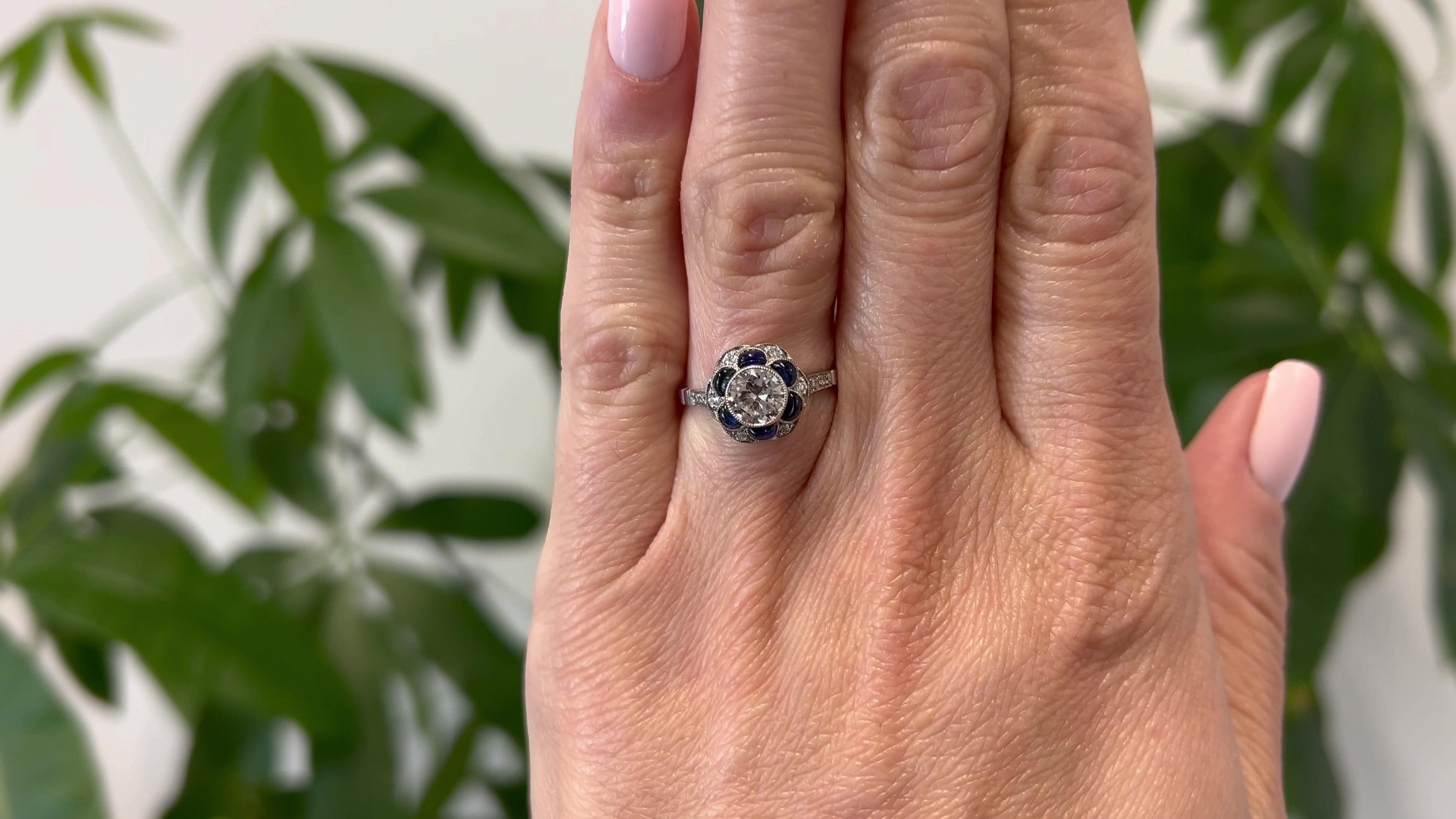 Old European Cut Art Deco Inspired 0.73 Carat Old European Diamond Sapphire Platinum Flower Ring For Sale