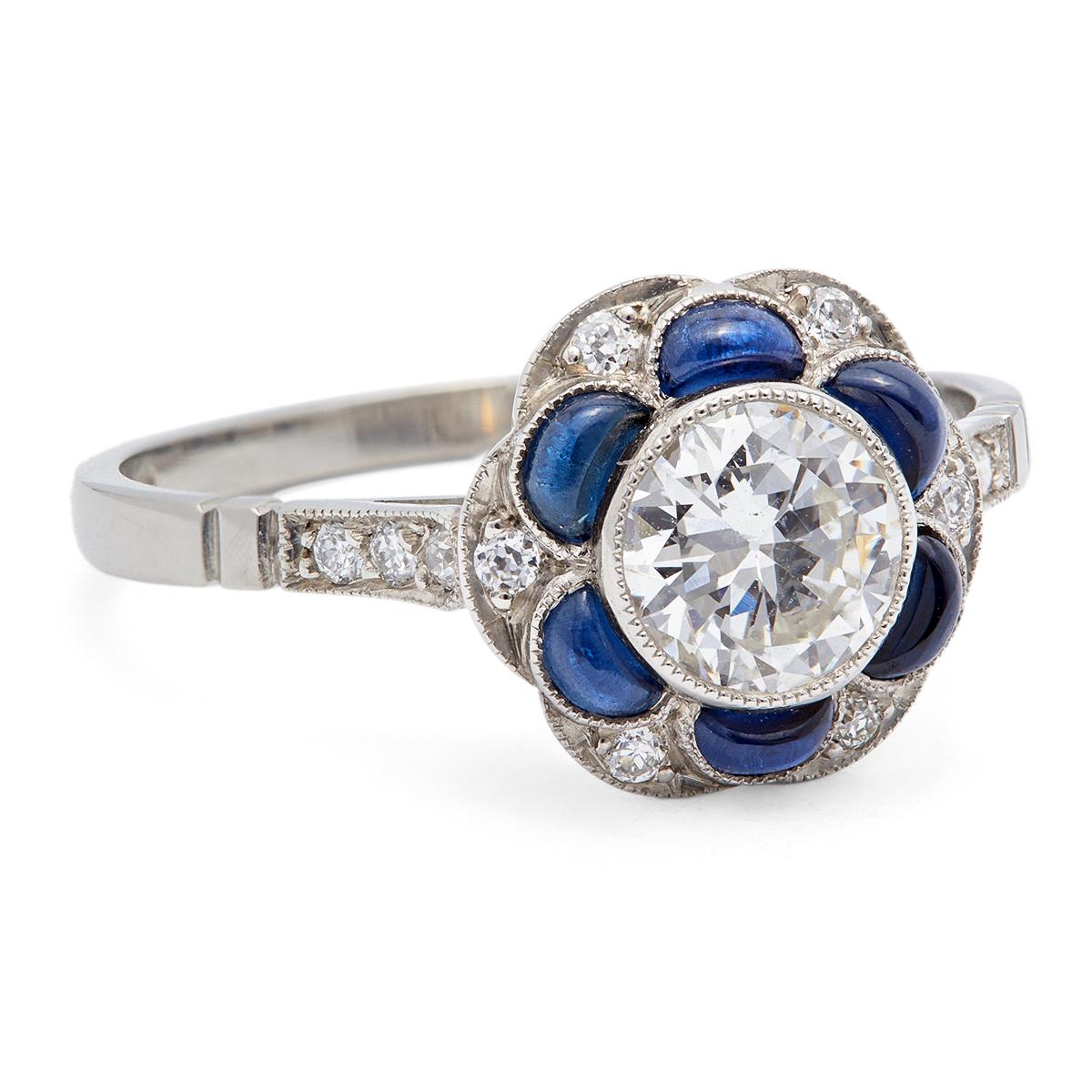 Women's or Men's Art Deco Inspired 0.73 Carat Old European Diamond Sapphire Platinum Flower Ring For Sale