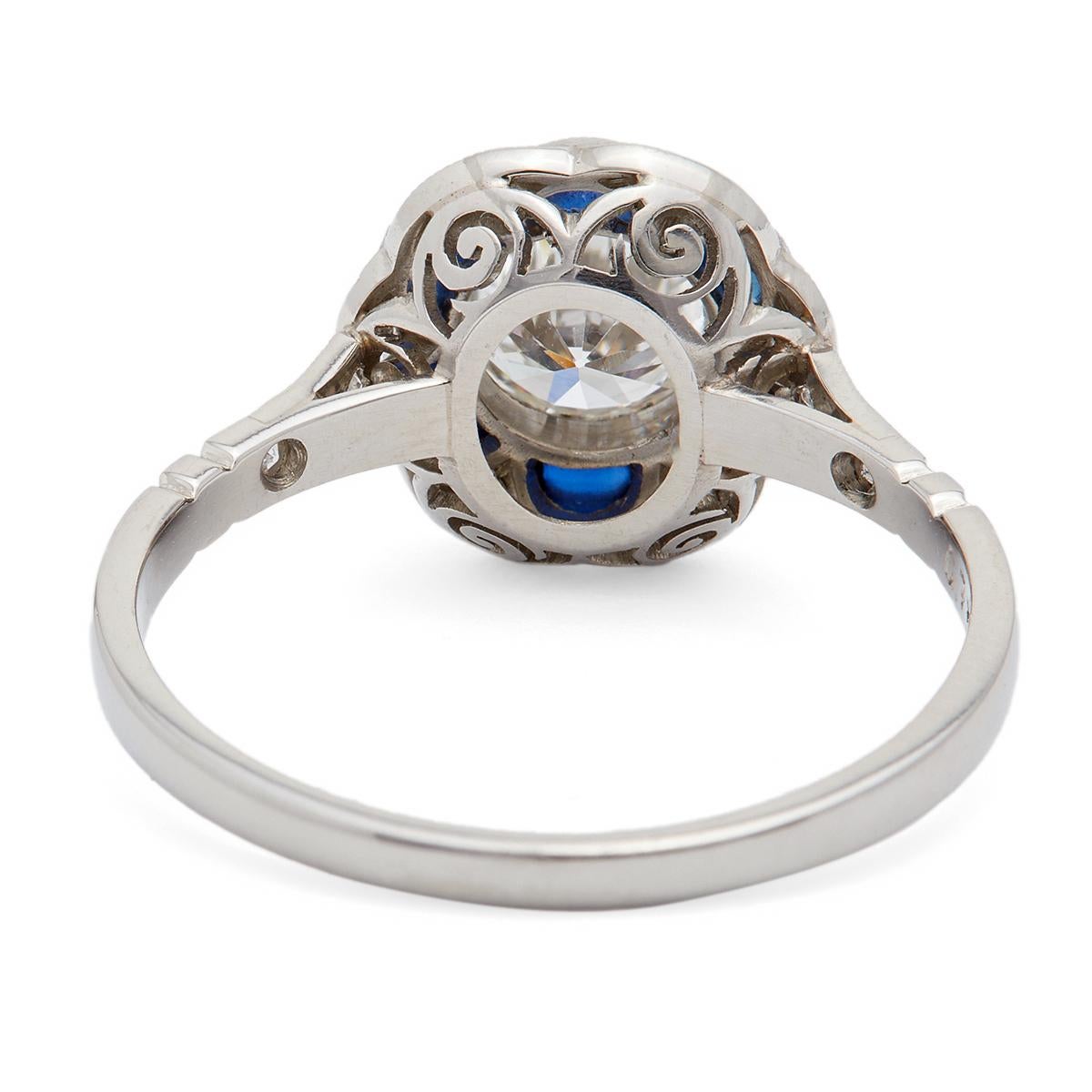 Art Deco Inspired 0.73 Carat Old European Diamond Sapphire Platinum Flower Ring For Sale 1