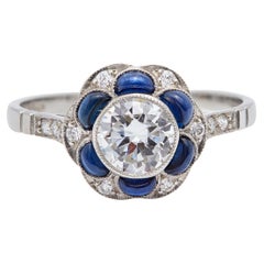 Art Deco Inspired 0.73 Carat Old European Diamond Sapphire Platinum Flower Ring