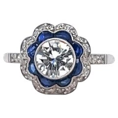 Art Deco Inspired 0.78 Carat Diamond Sapphire Flower Halo Platinum Ring
