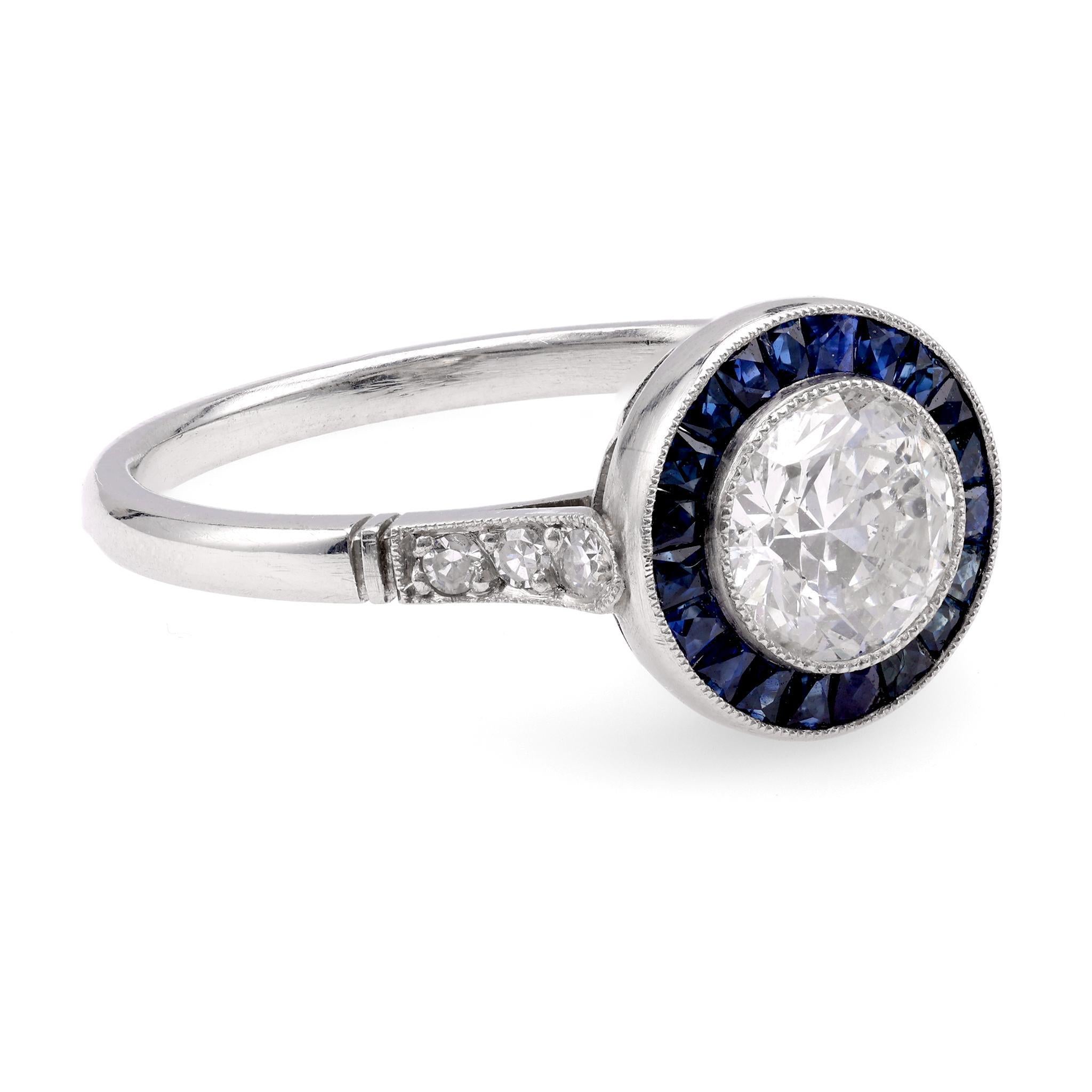 Uncut Art Deco Inspired 0.81 Carat Diamond Sapphire Platinum Target Ring