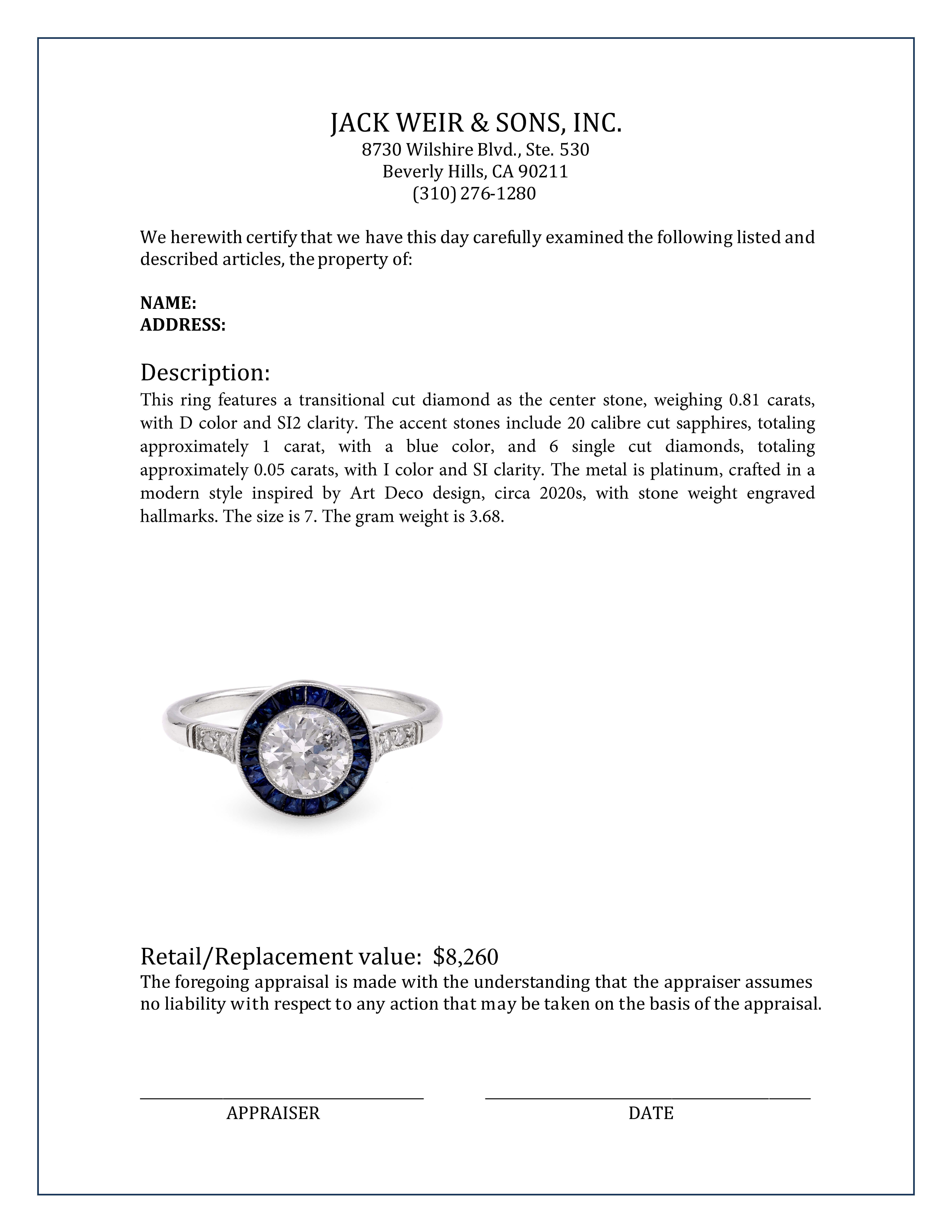 Art Deco Inspired 0.81 Carat Diamond Sapphire Platinum Target Ring In Excellent Condition In Beverly Hills, CA