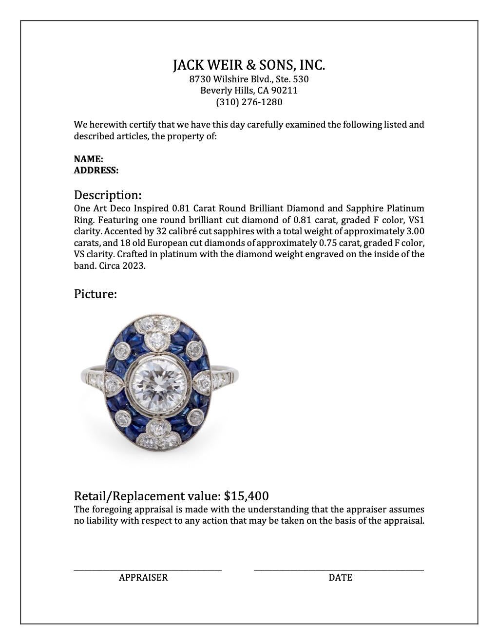 Art Deco Inspired 0.81 Carat Round Brilliant Diamond and Sapphire Platinum Ring For Sale 2