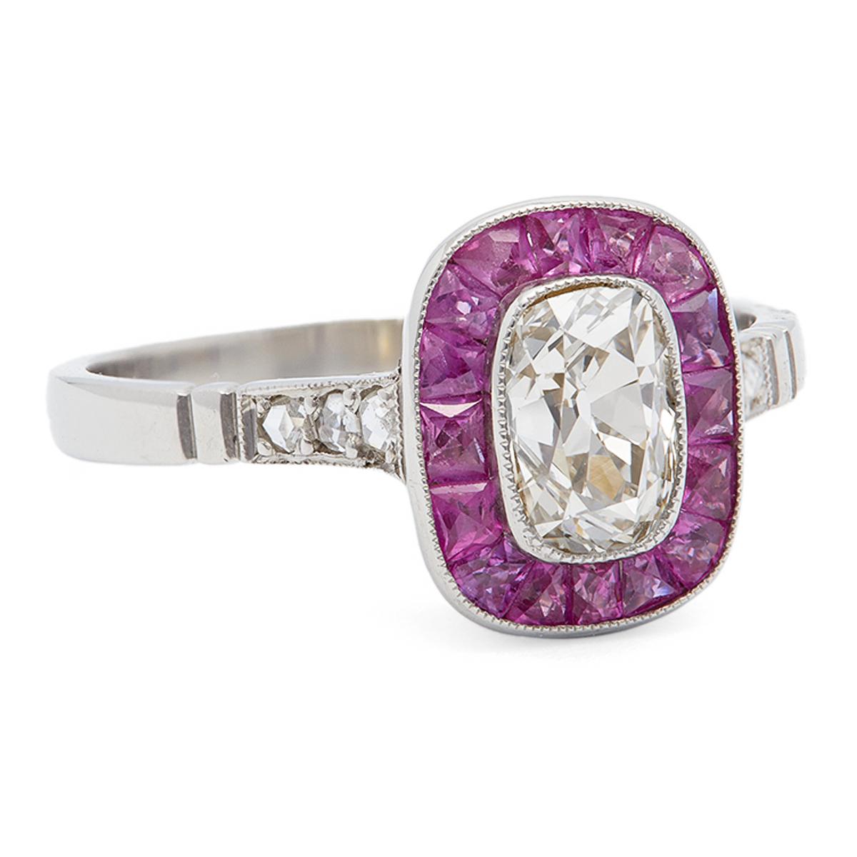 Art Deco Inspired 0.84 Carat Old Mine Cut and Ruby Platinum Ring For Sale 1