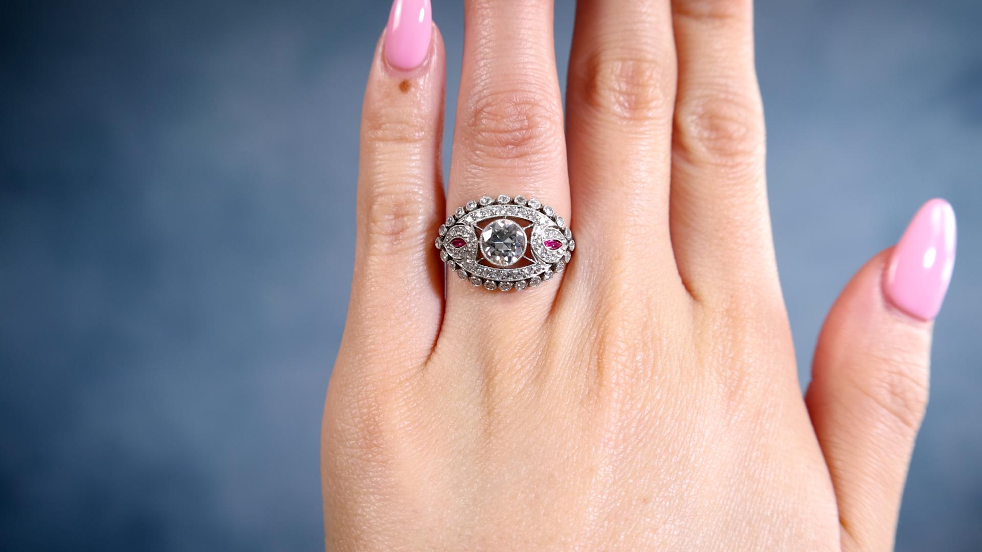 Old European Cut Art Deco Inspired 0.85 Carat Diamond Ruby Platinum Ring For Sale