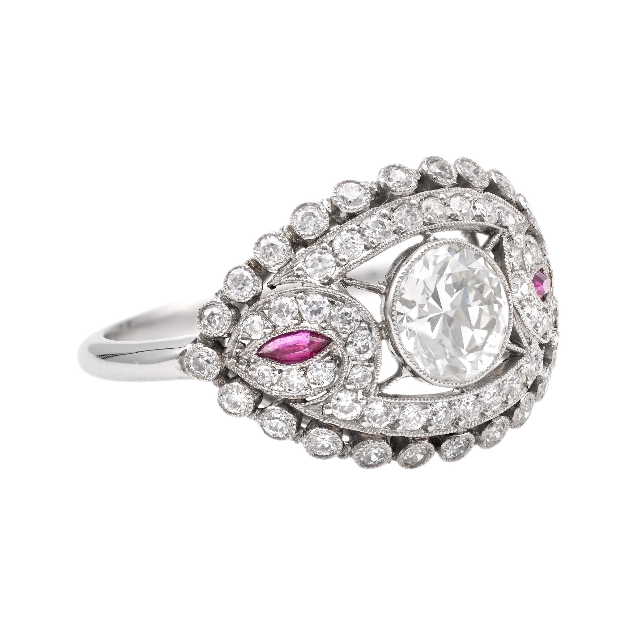 Women's or Men's Art Deco Inspired 0.85 Carat Diamond Ruby Platinum Ring For Sale