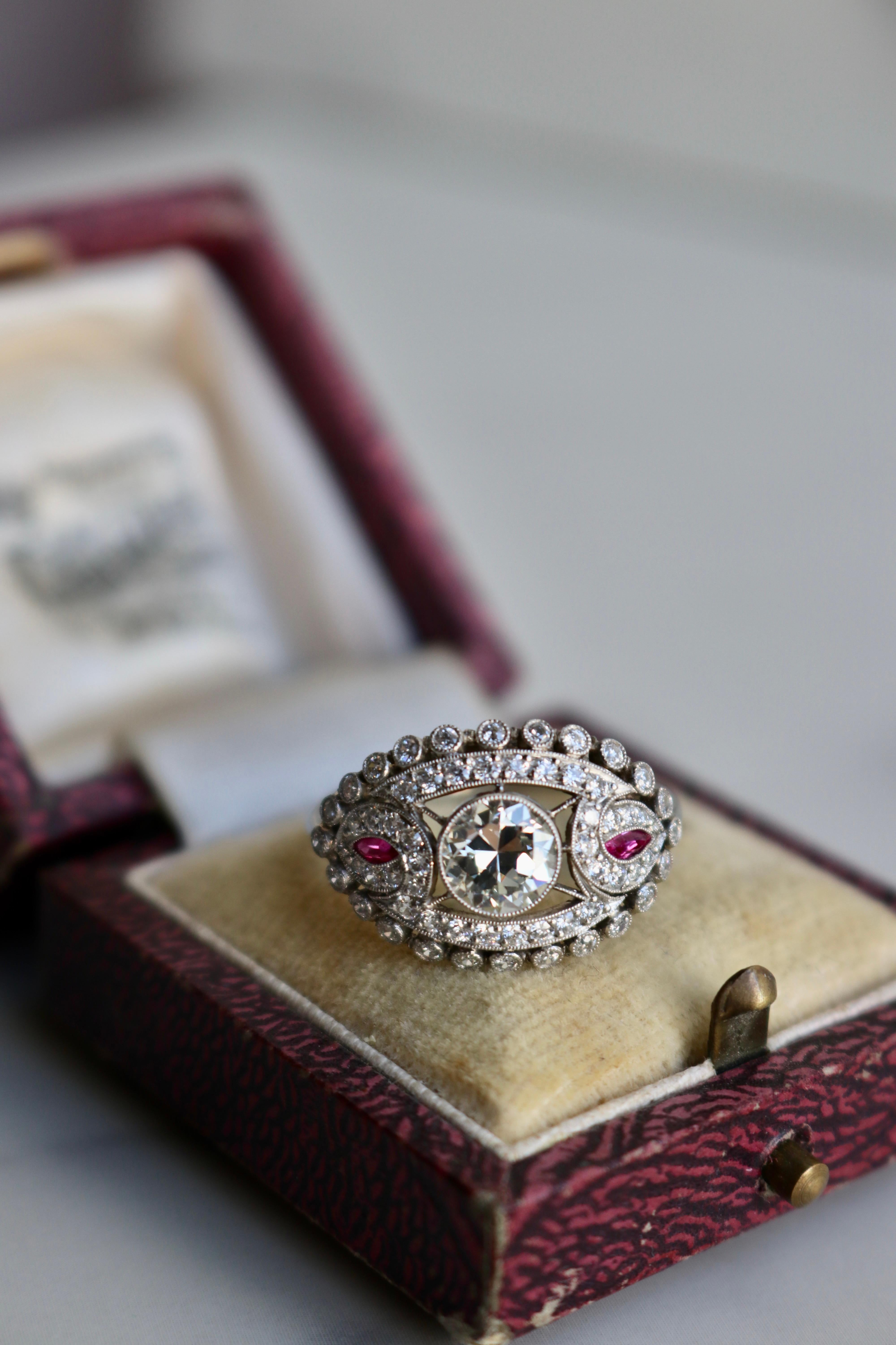 Art Deco Inspired 0.85 Carat Diamond Ruby Platinum Ring For Sale 1