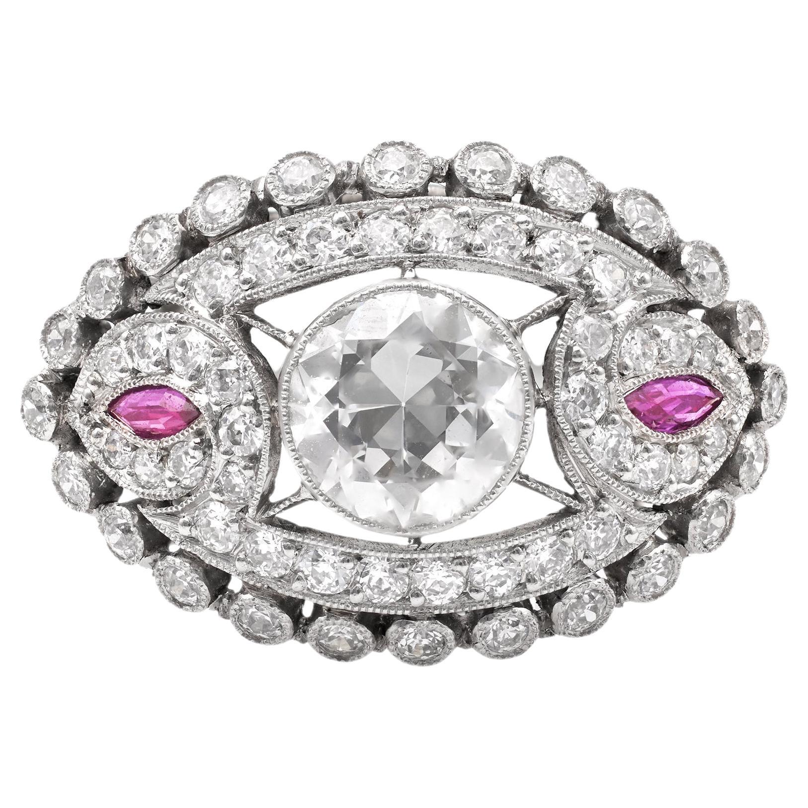 Art Deco Inspired 0.85 Carat Diamond Ruby Platinum Ring For Sale