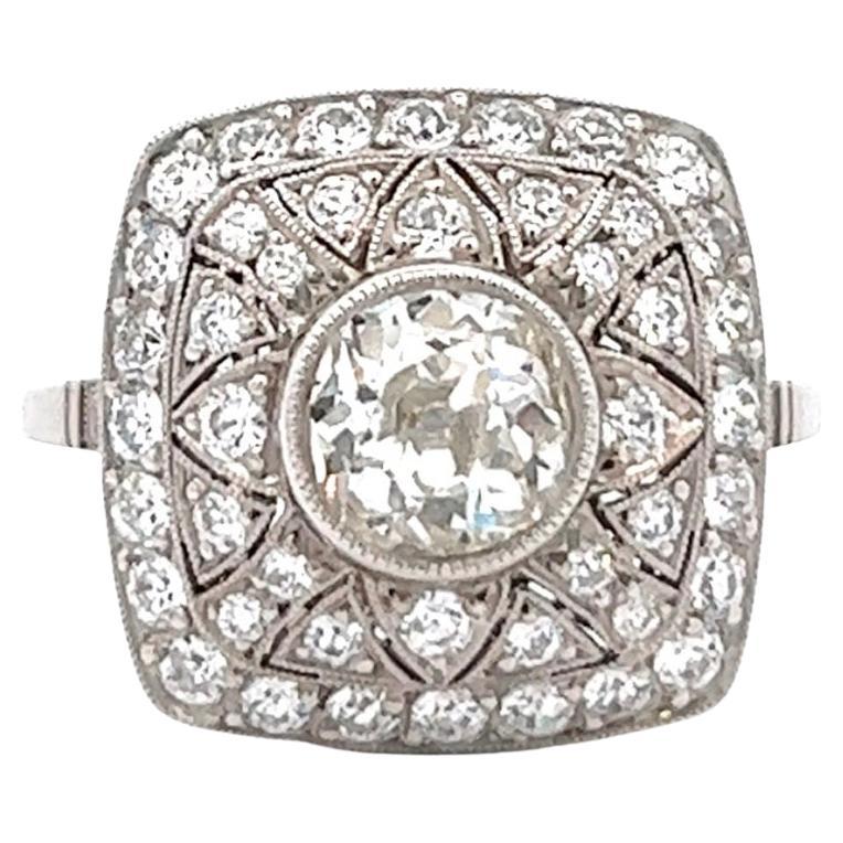 Art Deco Inspired 0.90ct Old European Cut Diamond Platinum Cocktail Ring For Sale