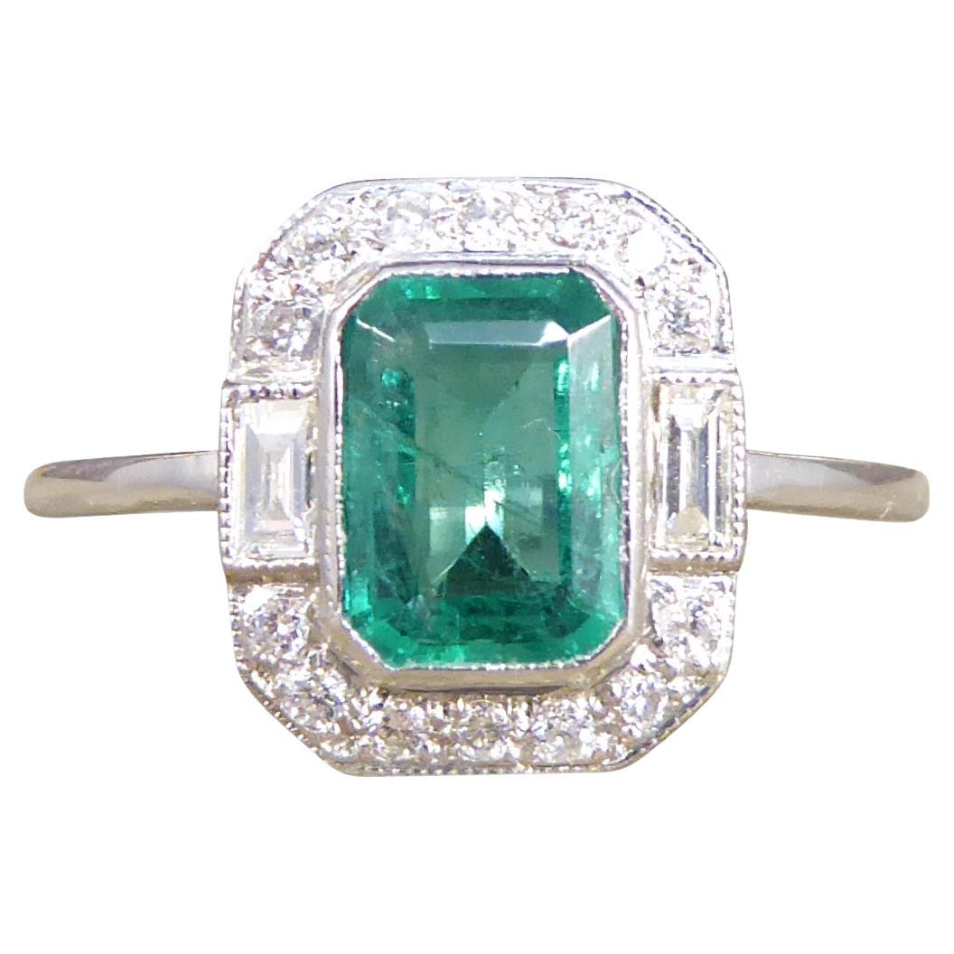 Art Deco Inspired 0.90ct Emerald and Diamond Cluster Ring in Platinum