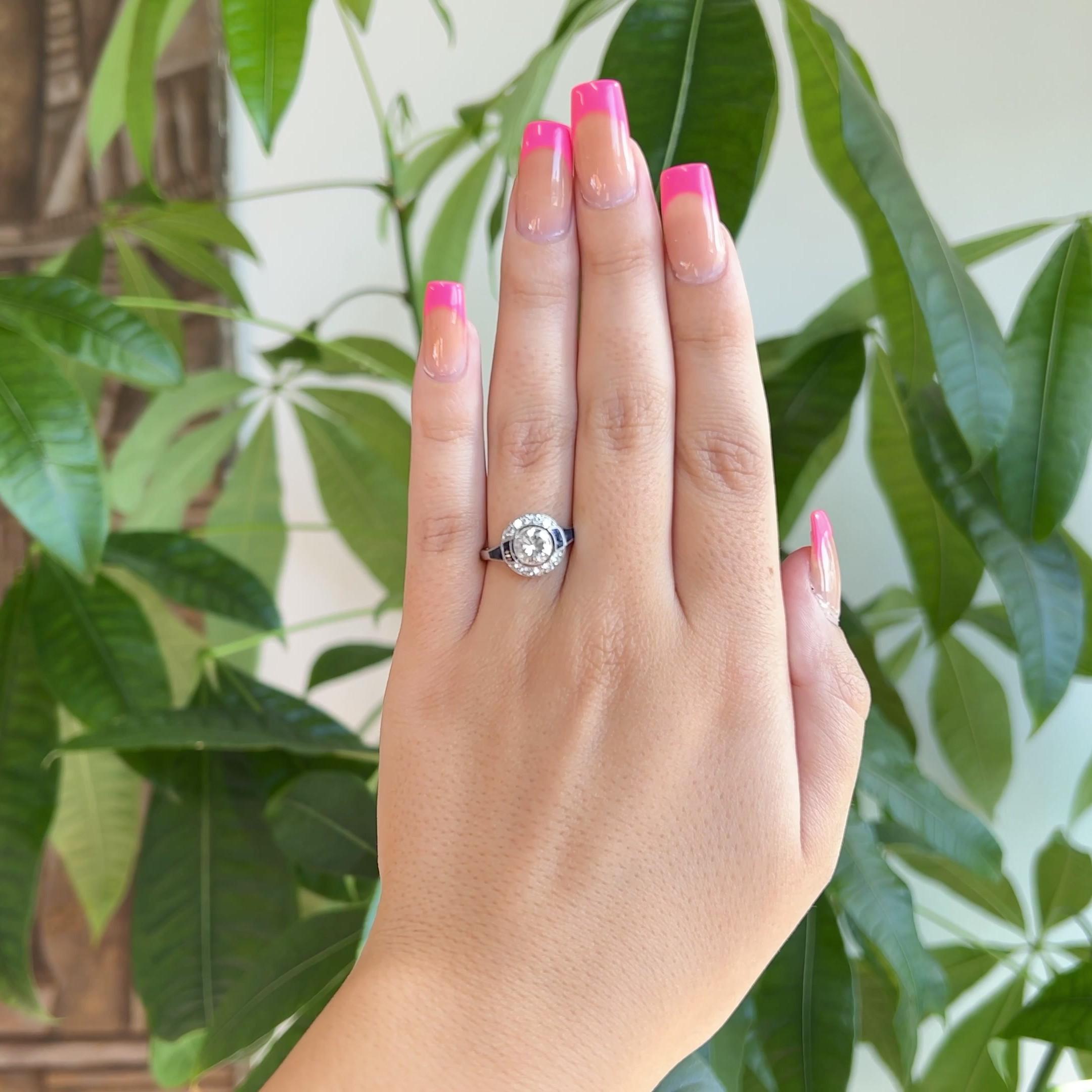 Round Cut Art Deco Inspired 0.92 Carat Diamond Sapphire Platinum Target Ring For Sale