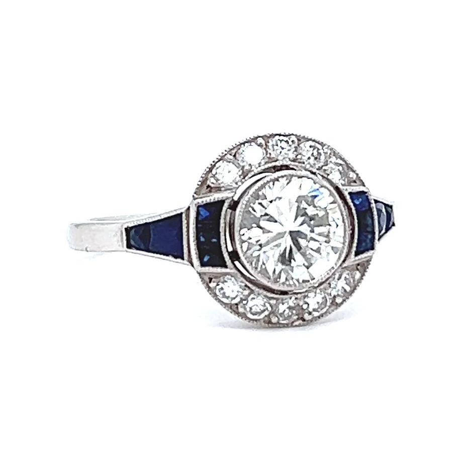 Women's or Men's Art Deco Inspired 0.92 Carat Diamond Sapphire Platinum Target Ring For Sale