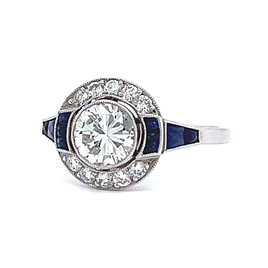 Art Deco Inspired 0.92 Carat Diamond Sapphire Platinum Target Ring For Sale 1