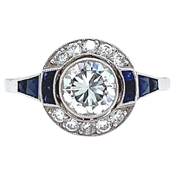 Art Deco Inspired 0.92 Carat Diamond Sapphire Platinum Target Ring For Sale