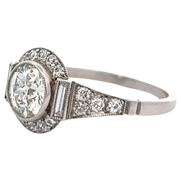 Art Deco Inspired 0.96 Carat Old European Cut Diamond Platinum Ring For Sale 1