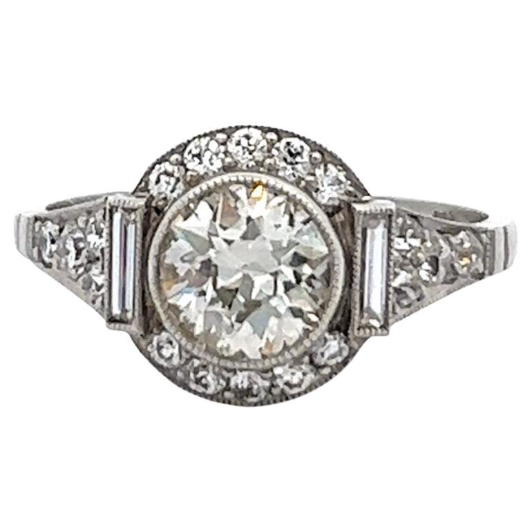 Art Deco Inspired 0.96 Carat Old European Cut Diamond Platinum Ring For Sale