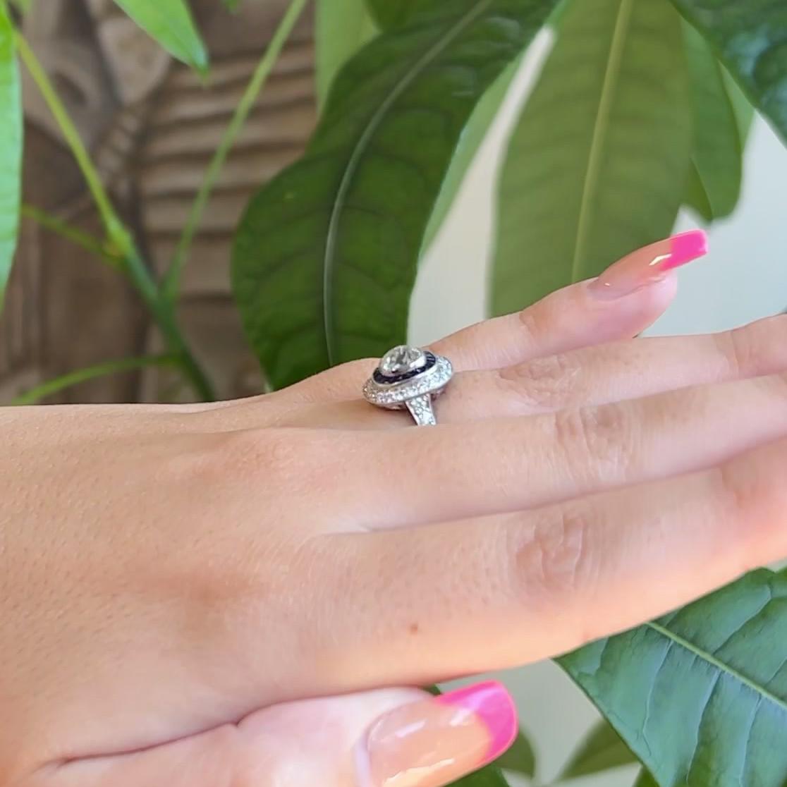 Women's or Men's Art Deco Inspired 0.99 Carat Old Mine Cut Diamond Sapphire Platinum Target Ring For Sale