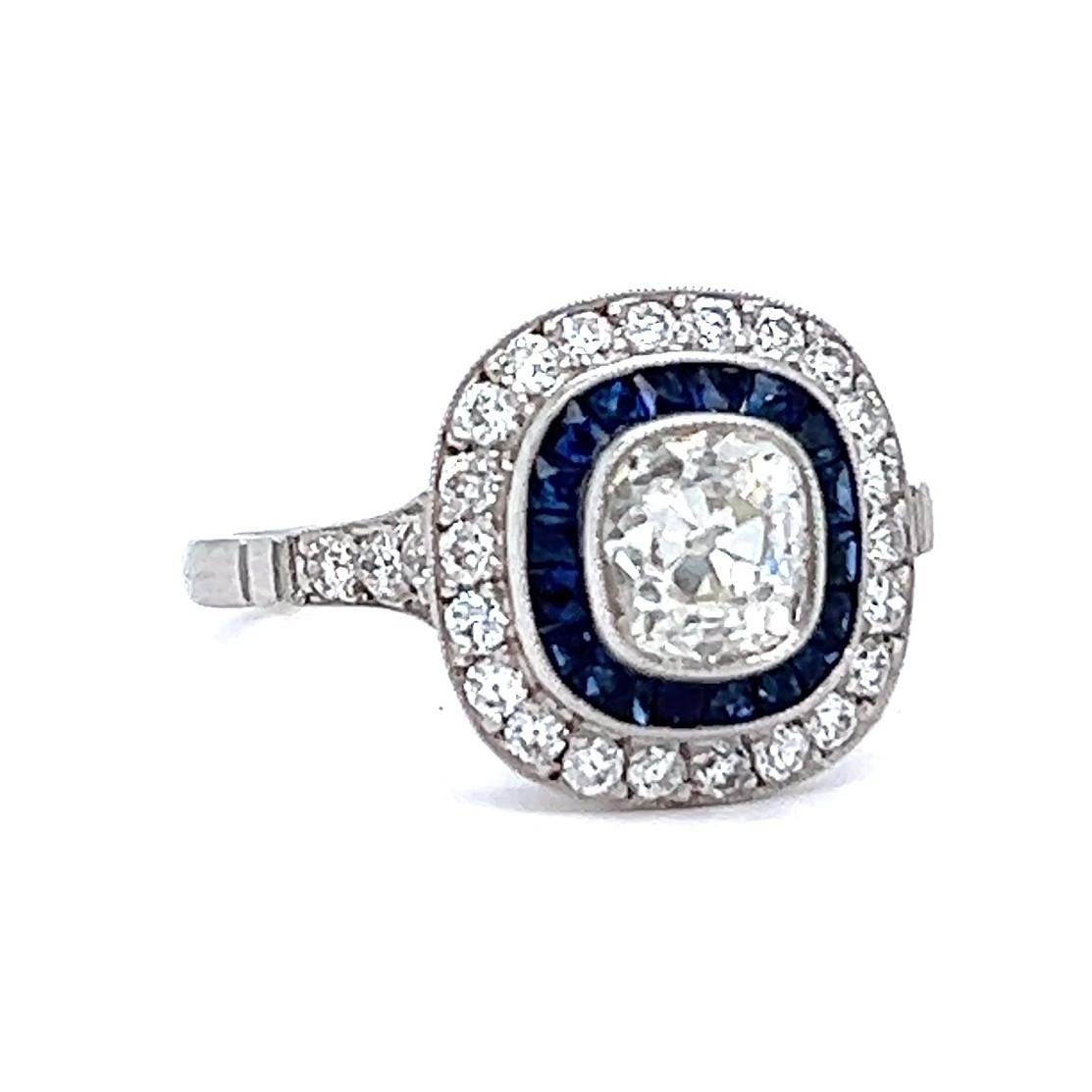 Art Deco Inspired 0.99 Carat Old Mine Cut Diamond Sapphire Platinum Target Ring For Sale 1