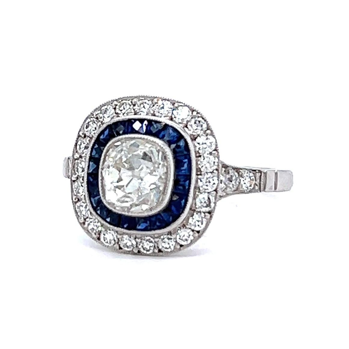 Art Deco Inspired 0.99 Carat Old Mine Cut Diamond Sapphire Platinum Target Ring For Sale 2