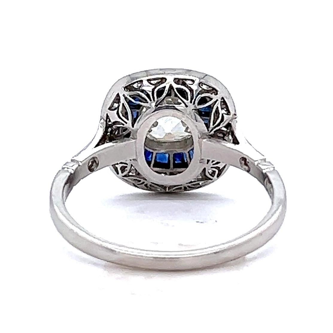 Art Deco Inspired 0.99 Carat Old Mine Cut Diamond Sapphire Platinum Target Ring For Sale 3