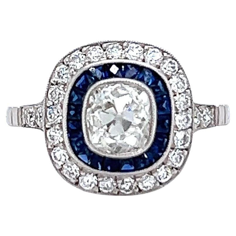 Art Deco Inspired 0.99 Carat Old Mine Cut Diamond Sapphire Platinum Target Ring For Sale