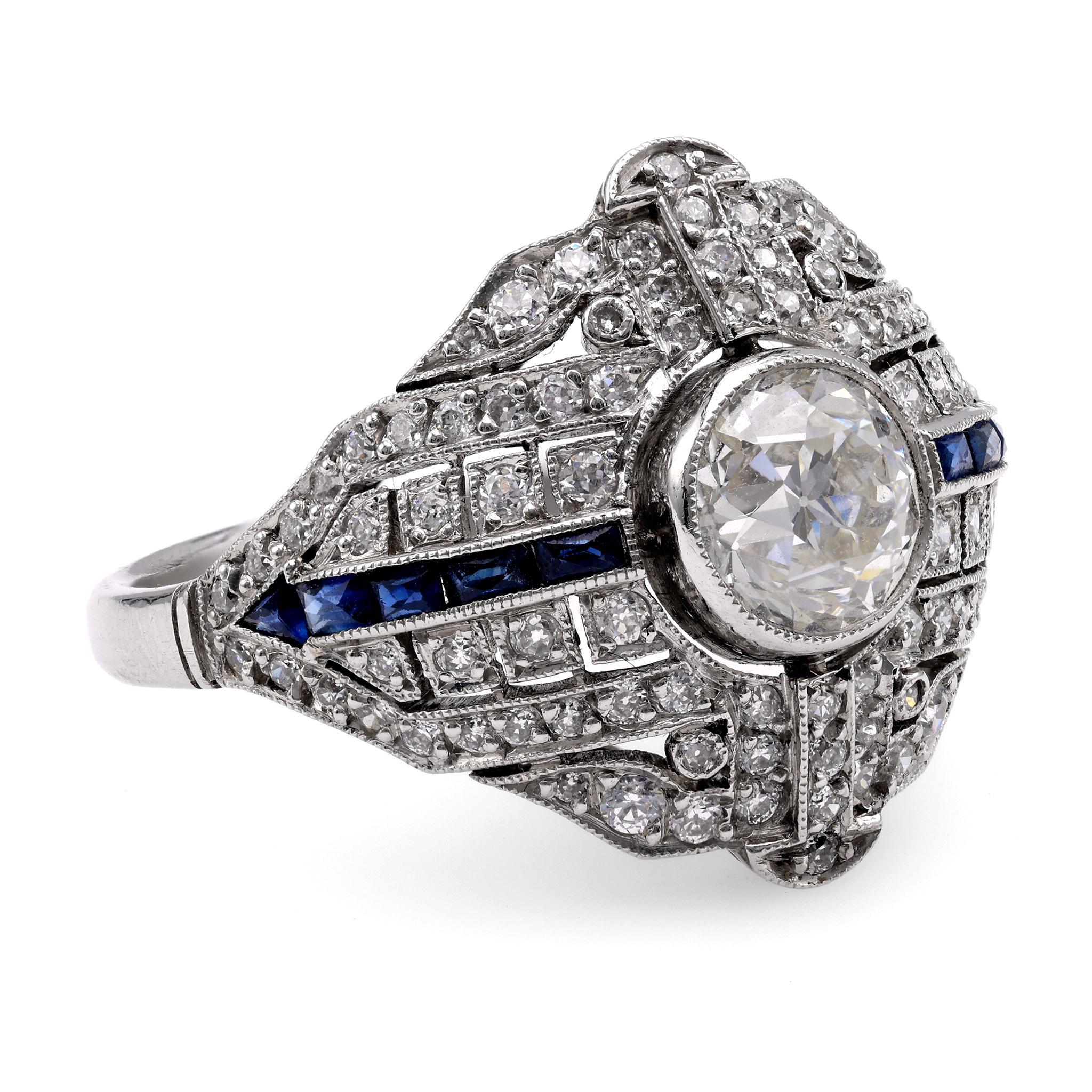 Old European Cut Art Deco Inspired 1 Carat Diamond Sapphire Platinum Ring For Sale