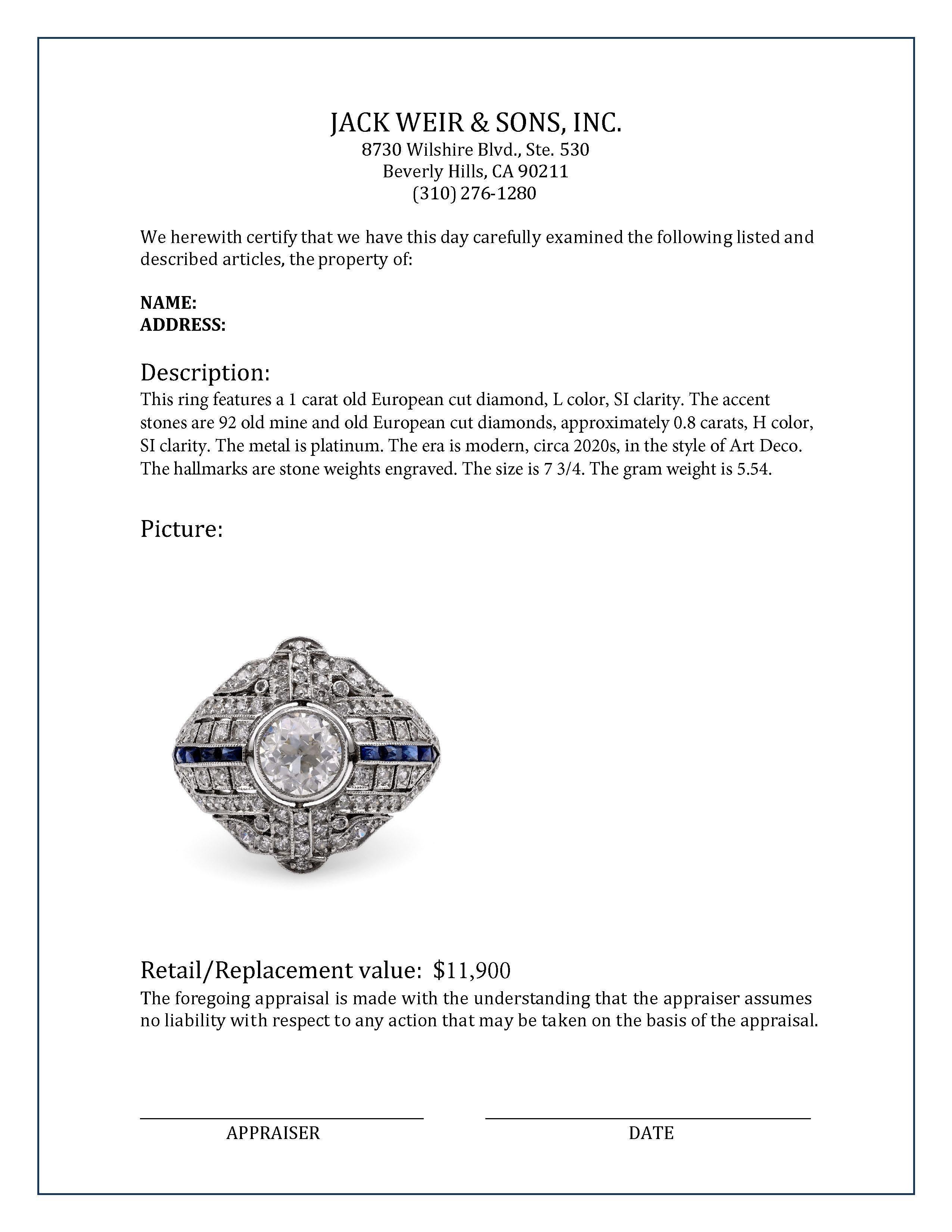 Art Deco Inspired 1 Carat Diamond Sapphire Platinum Ring In Excellent Condition For Sale In Beverly Hills, CA