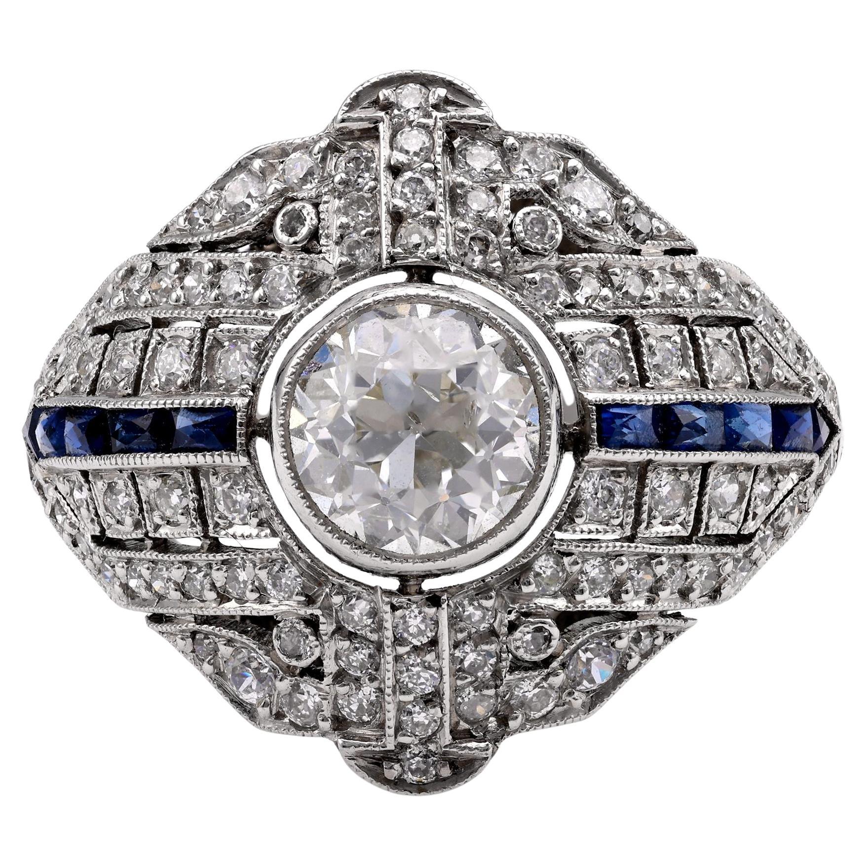 Anillo de Platino con Zafiro y Diamantes de 1 Quilates Inspirado en el Art Decó
