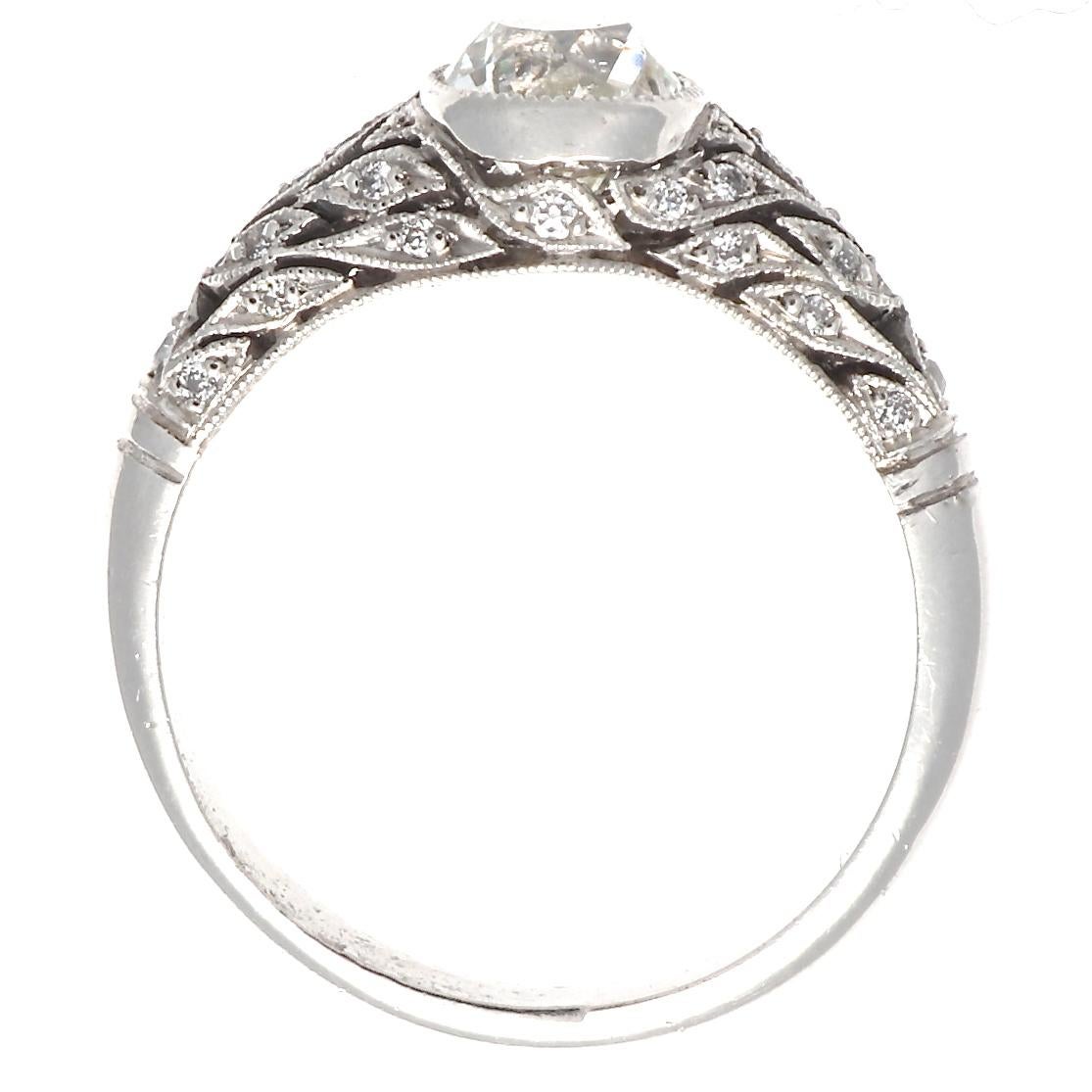 Art Deco Inspired Old European Cut Diamond Platinum Engagement Ring In New Condition In Beverly Hills, CA