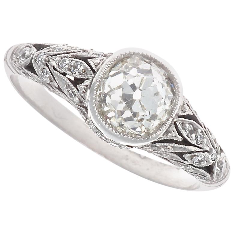 Art Deco Inspired Old European Cut Diamond Platinum Engagement Ring