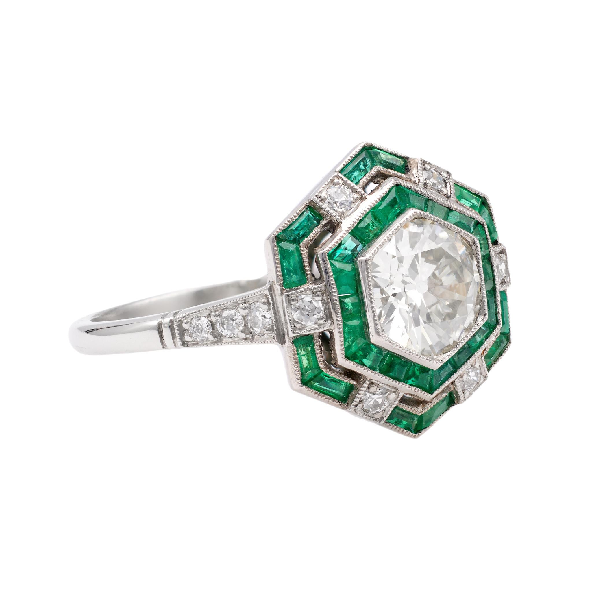 Art Deco Inspired 1.00 Carat Old European Cut Diamond Emerald Platinum Ring For Sale 1