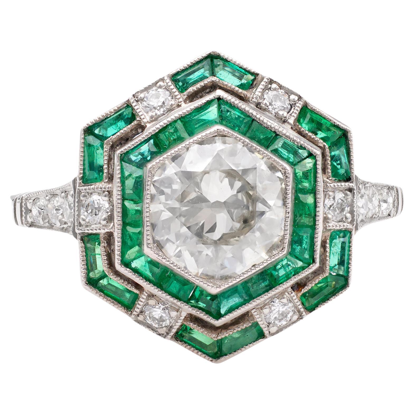 Art Deco Inspired 1.00 Carat Old European Cut Diamond Emerald Platinum Ring For Sale