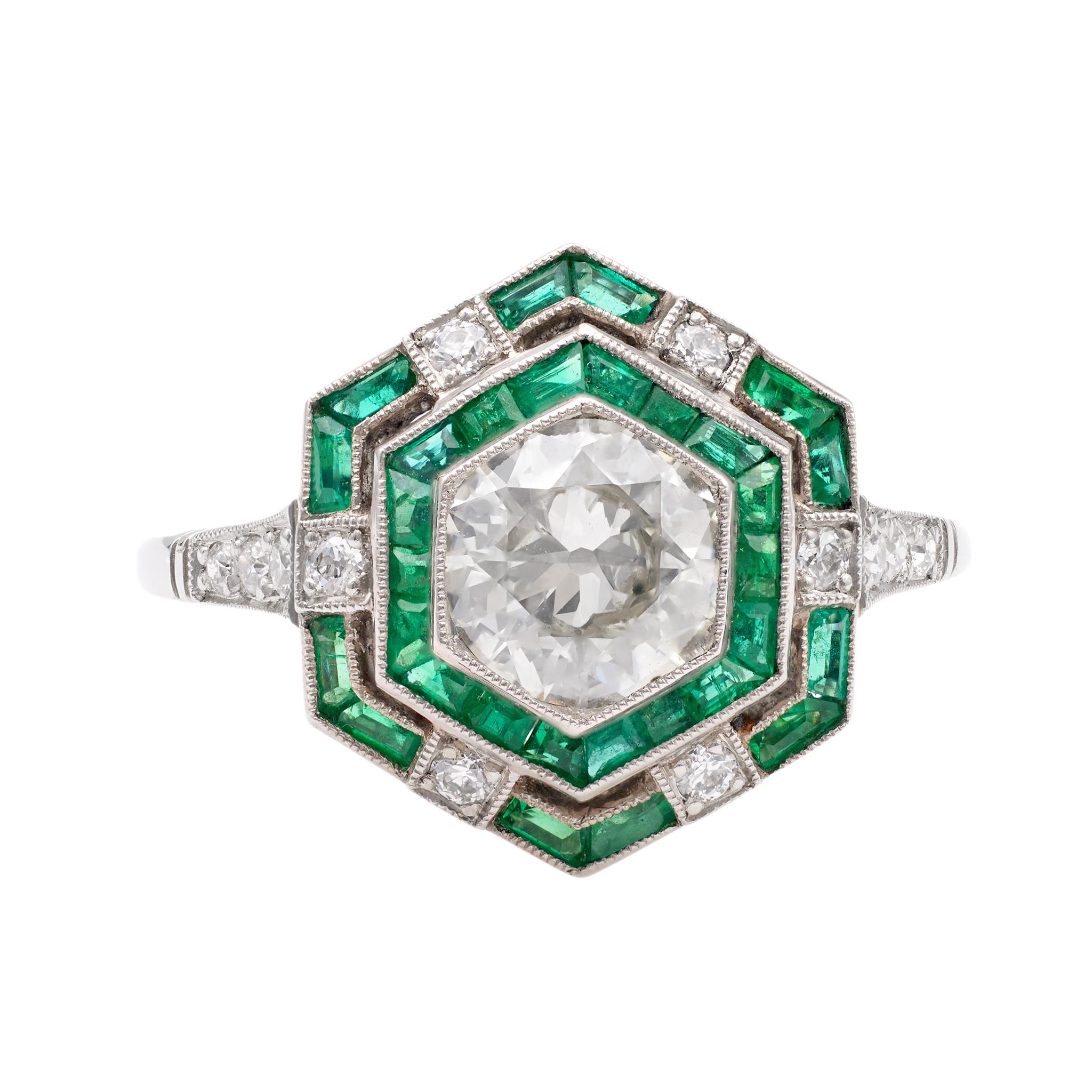 Art Deco Inspired 1.00 Carat Old European Cut Diamond Emerald Platinum Ring