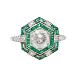 Platinring, Art déco-inspiriert, 1.00 Karat Diamant im alteuropäischen Schliff, Smaragd, Smaragd