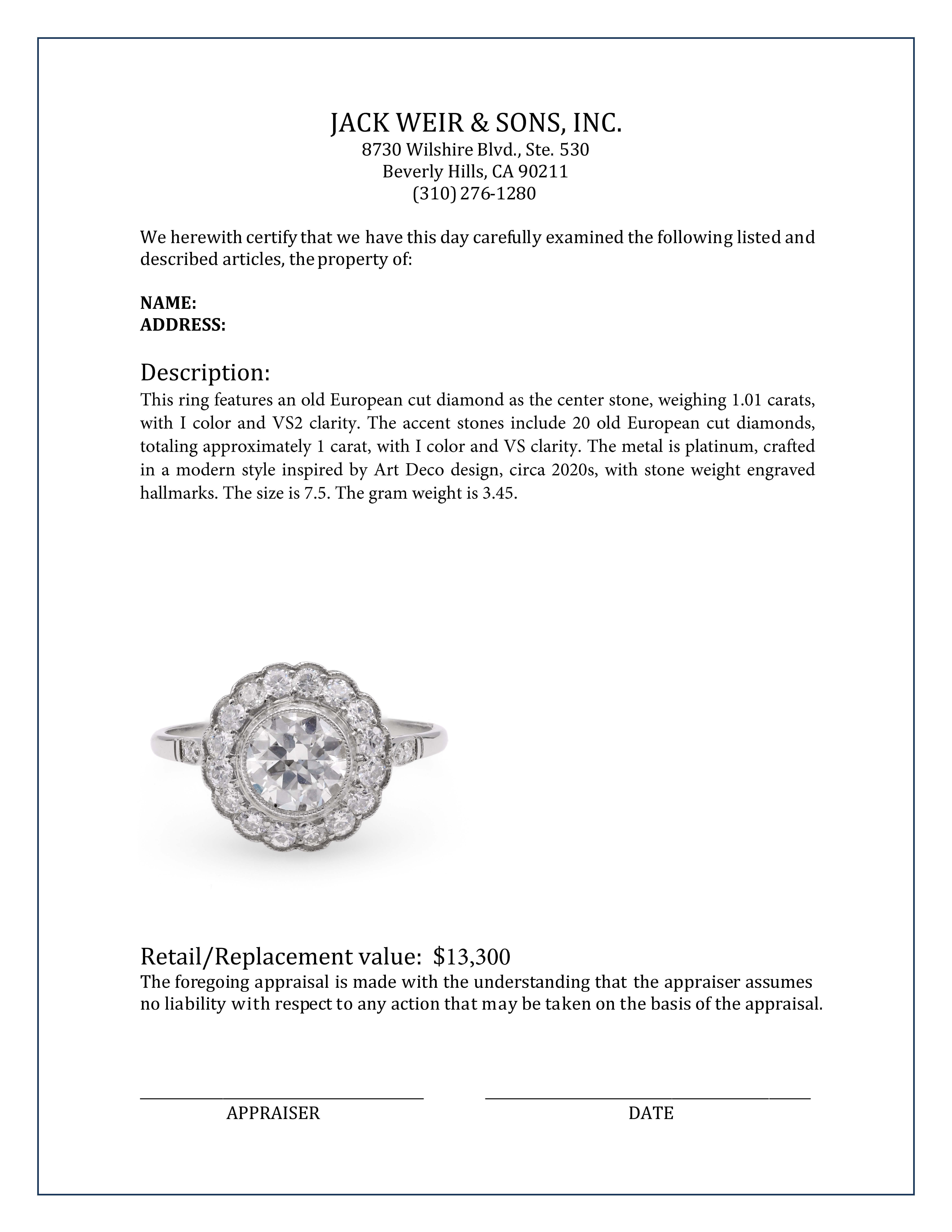 Art Deco inspiriert 1,01 Karat Diamant Platin-Cluster-Ring (Alteuropäischer Schliff) im Angebot