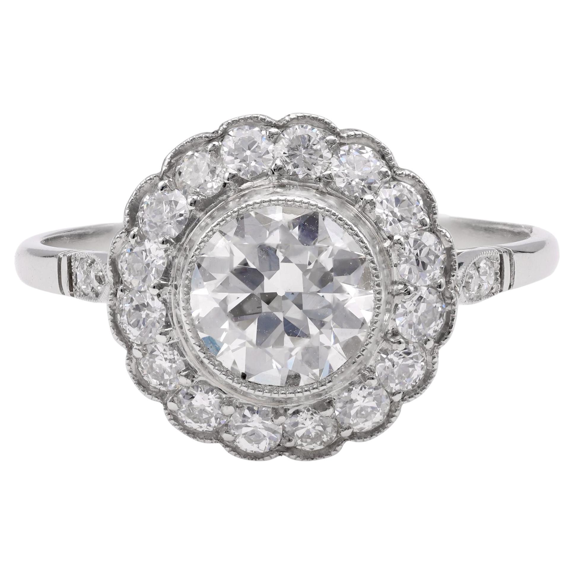Art Deco Inspired 1.01 Carat Diamond Platinum Cluster Ring