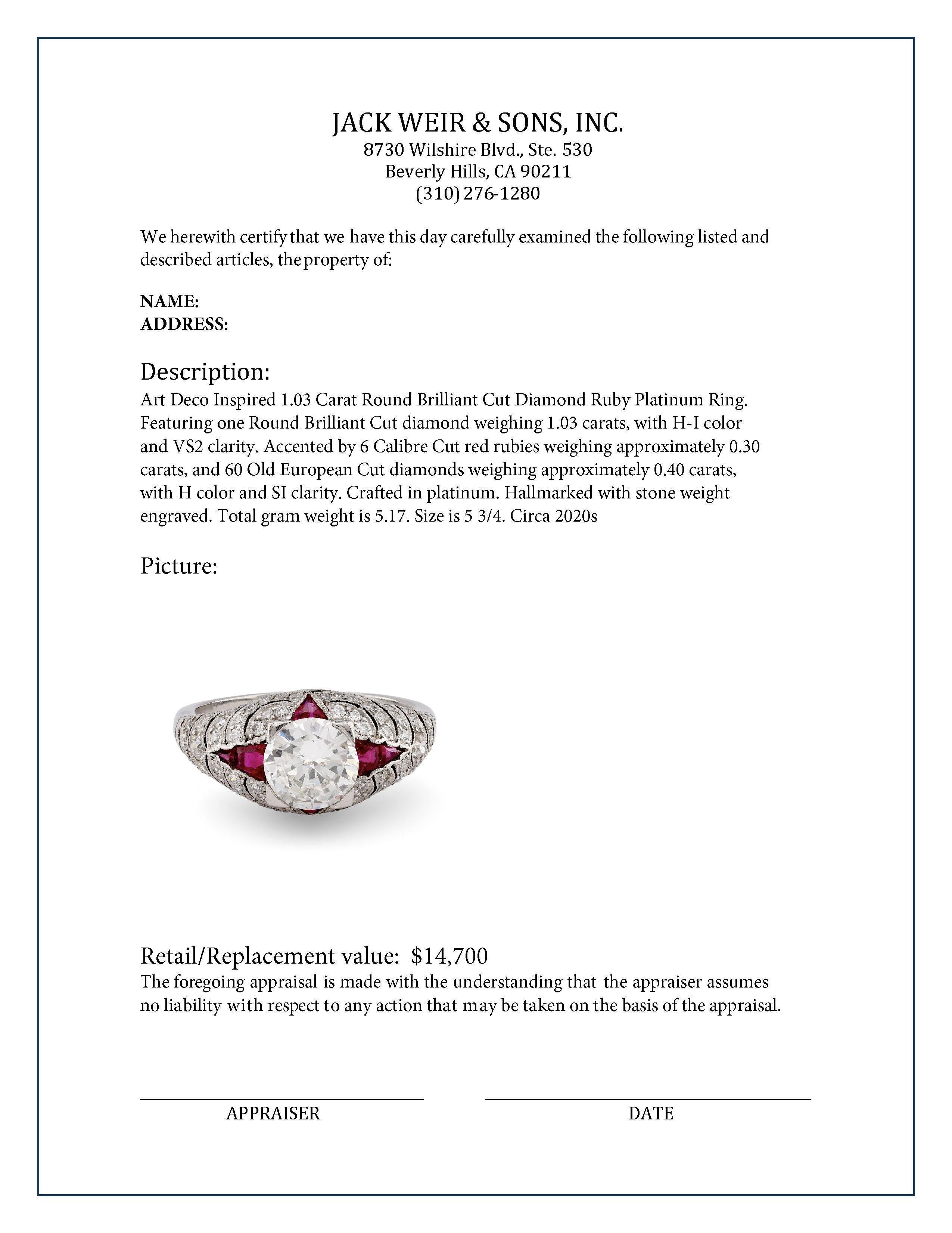 Art Deco Inspired 1.03 Carat Round Brilliant Cut Diamond Ruby Platinum Ring For Sale 1