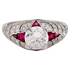 Art Deco Inspired 1.03 Carat Round Brilliant Cut Diamond Ruby Platinum Ring